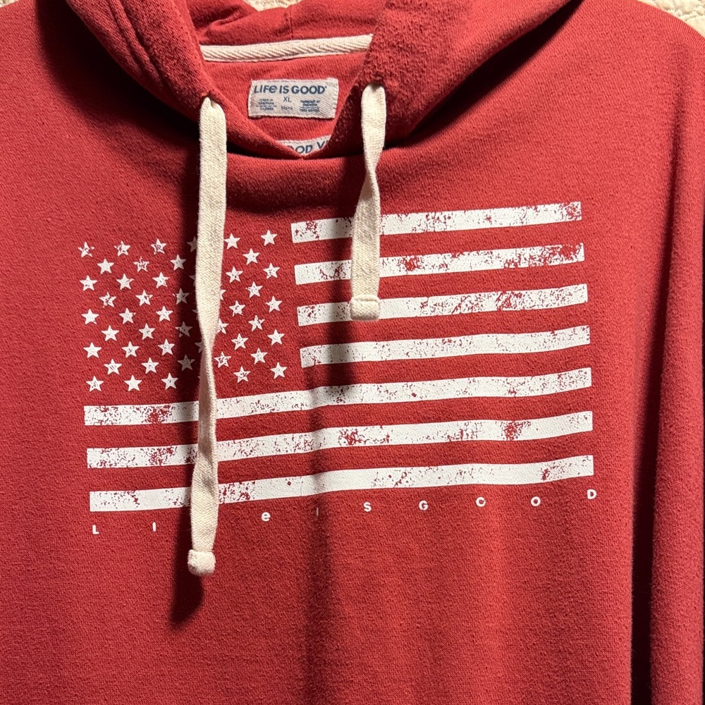 Life Is Good Men's Red Hoodie with Flag Design - Picture 3 of 6
